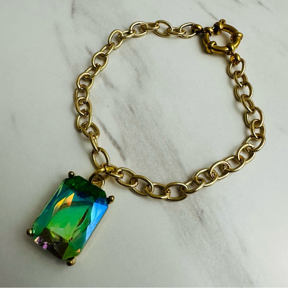 Handcrafted Gold Tone Bracelet w/ Iridescent Gemstone Pendant | 7” - Picture 3 of 13